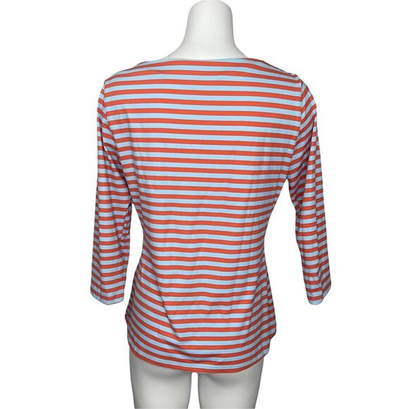 J. McLaughlin Wavesong Stripe Boat Neck 3/4 Sleeve Button Shoulder Tee Orange L - Picture 2 of 4